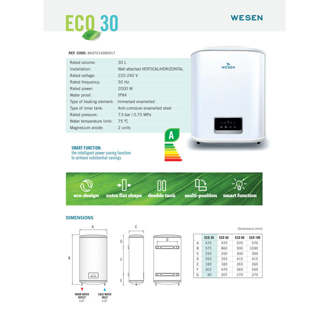 Verticale elektrische boiler 30L, FLAT model, 2 kW