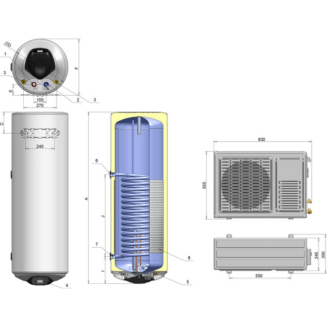 Lucht-water Warmtepompboiler 150 liter met extra warmtewisselaar, voor tapwater