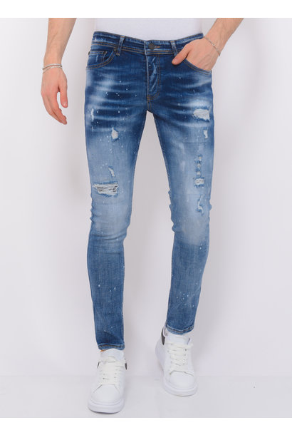 Paint Splatter Ripped Jeans Hommes - Slim Fit -1079- Bleu