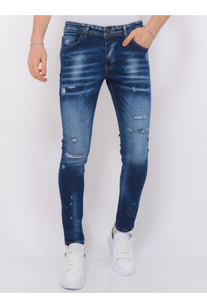 Paint Splatter Ripped Jeans Hommes - Slim Fit -1075- Bleu