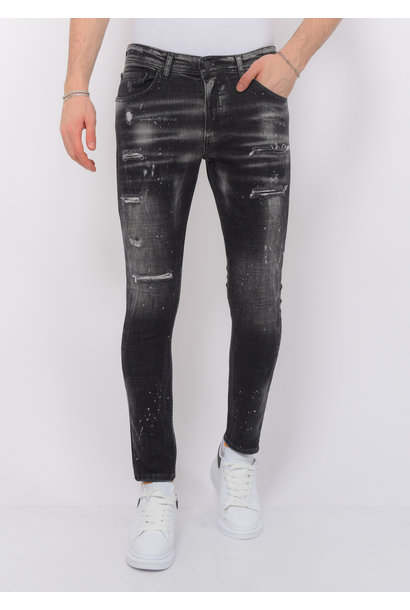 Paint Splatter Jeans Stonewash Hommes - Slim Fit -1084- Noir