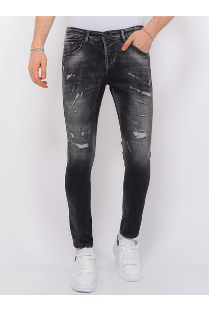 Destroyed Jeans  with Paint Heren - Slim Fit -1086- Zwart