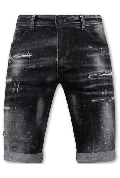 Paint Splatter Destroy Shorts Stonewash - Slim Fit -1084- Noir