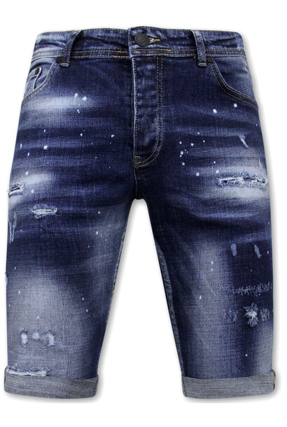 Designer Shorts With Paint Splatter - Slim Fit -1072- Blauw