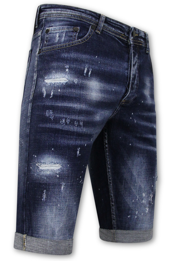Men's Paint Splatter Stonewashed Short - Slim Fit -1077- Bleu-3