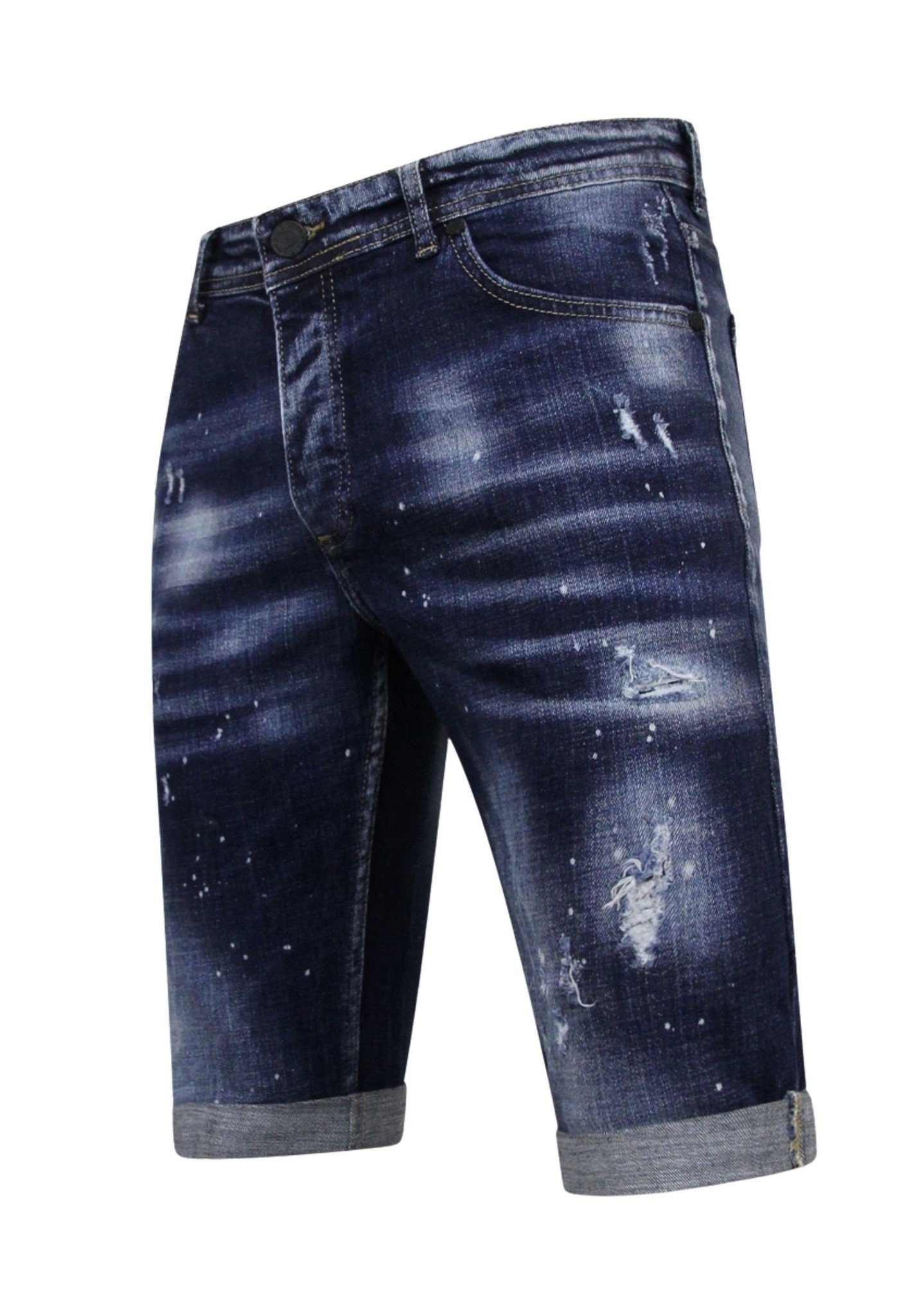 Men's Paint Splatter Stonewashed Short - Slim Fit -1077- Bleu-7