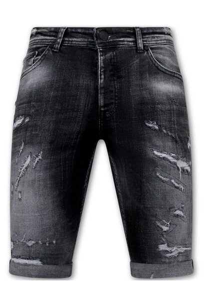 Destroyed Shorts with Paint Splatter - Slim Fit -1086- Zwart