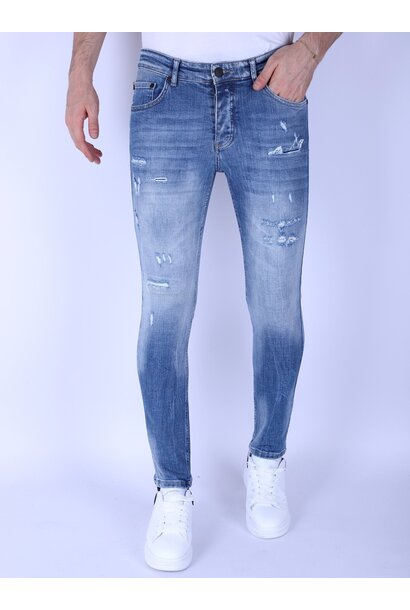 Stonewashed Ripped Jeans Heren - Slim Fit -1098- Blauw