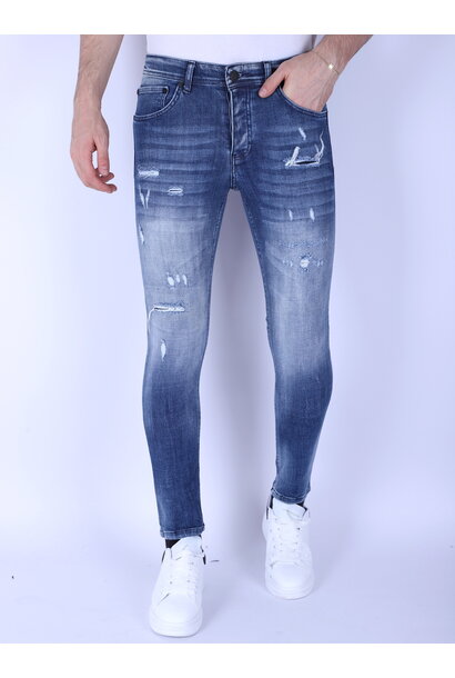 Denim Jeans with Bleached Washing - Slim Fit-1094- Blue