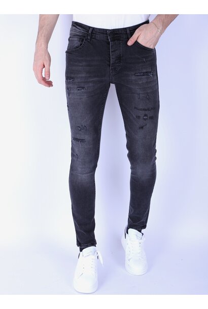 Stonewashed & Ripped Heren Jeans - Slim Fit -1104- Zwart