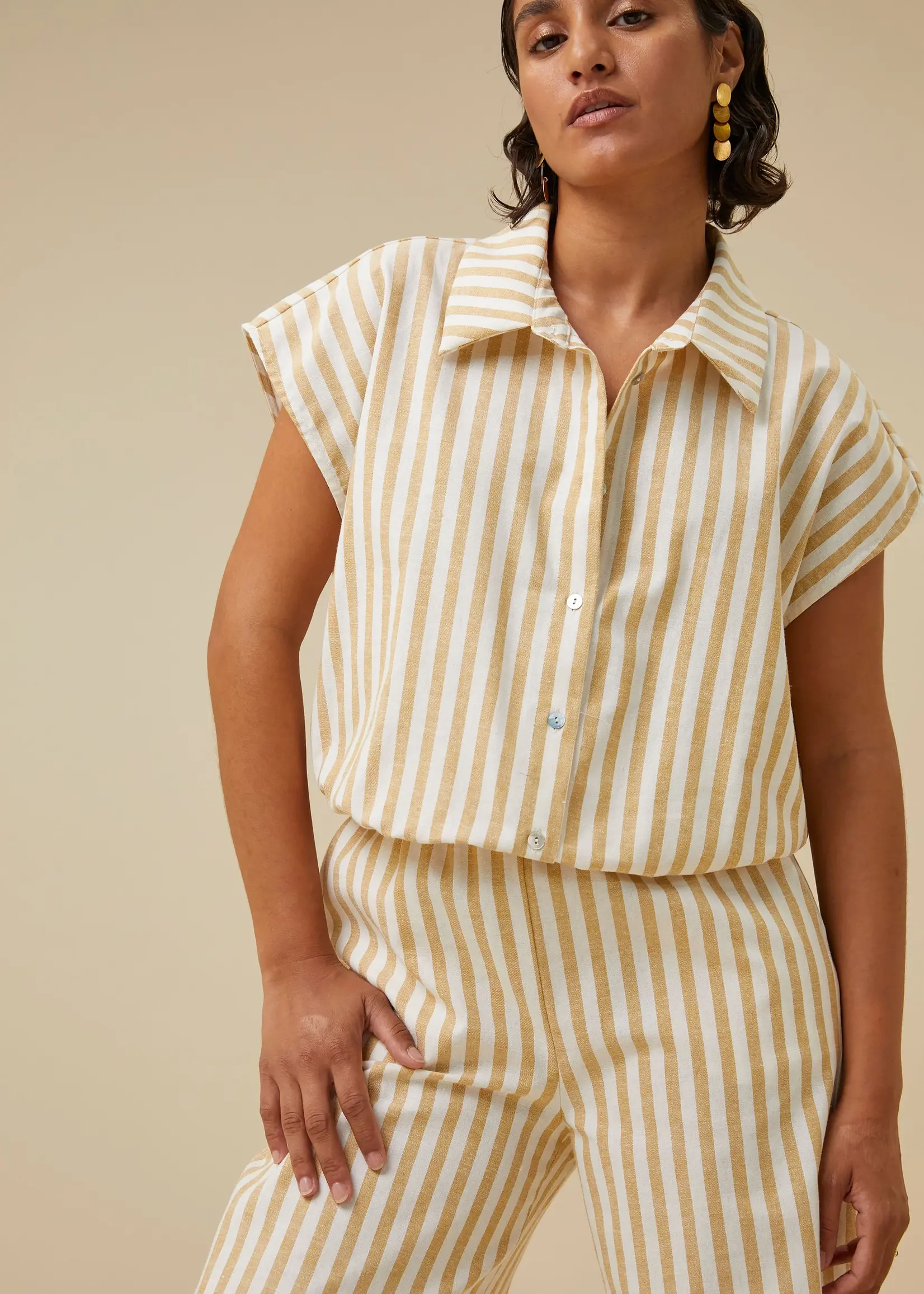 By-Bar Amsterdam Bieke linen stripe blouse Ochre