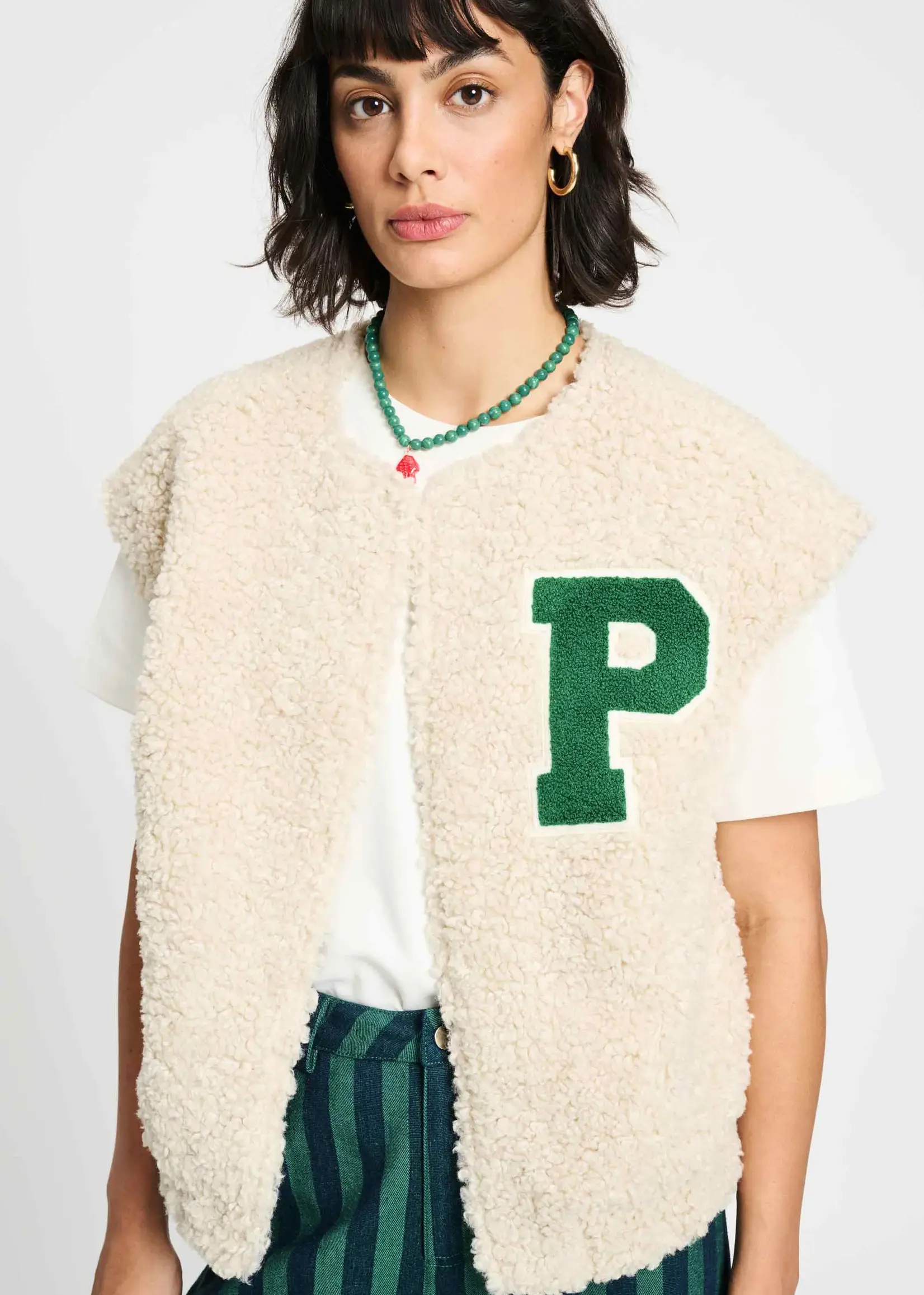 Pom Amsterdam GILET - Teddy Baseball  Ecru