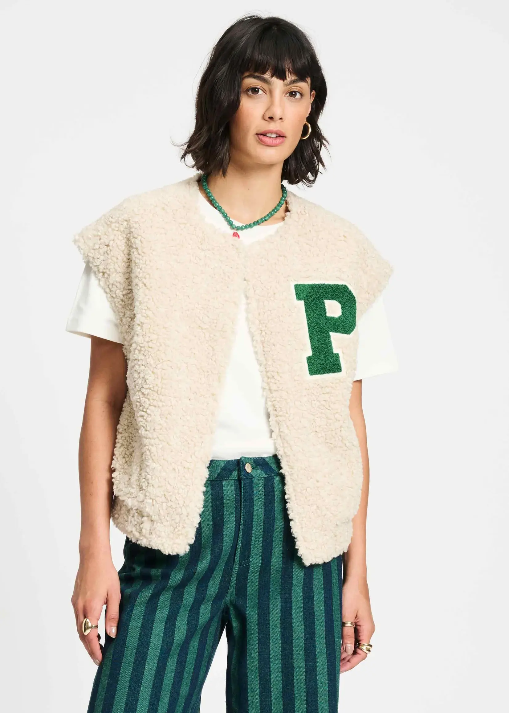Pom Amsterdam GILET - Teddy Baseball  Ecru