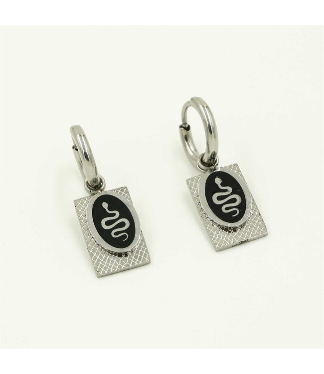 Silver Oval Snake Tag Earrings