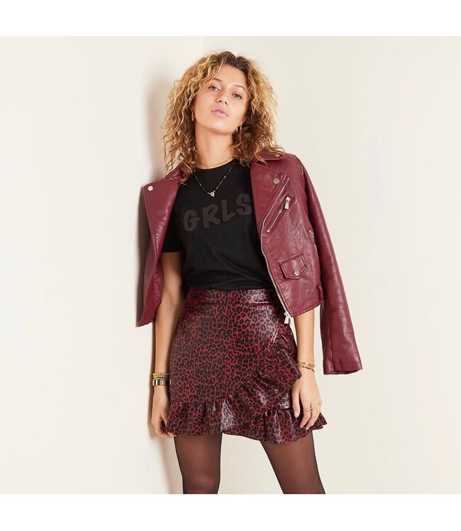 Leather Ruffle Panther Skirt / Red