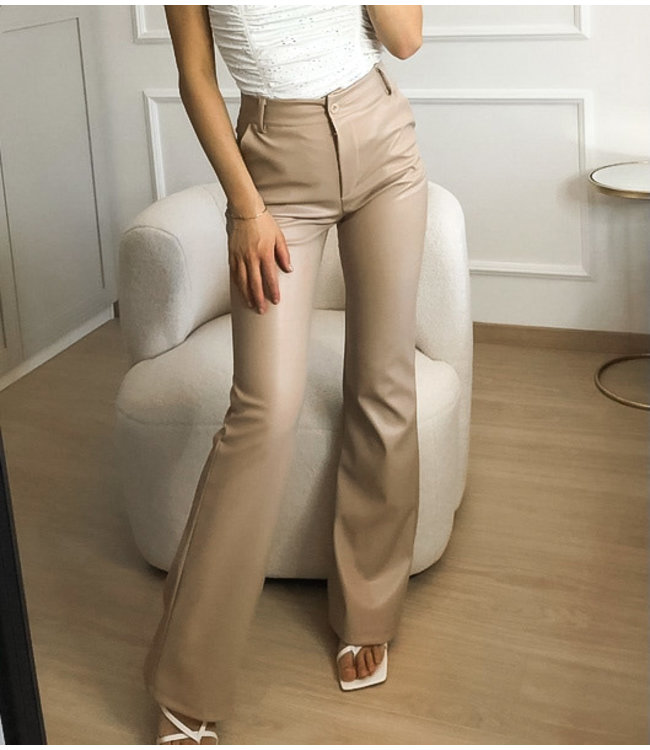 Straight Leg Leather Pants / Beige