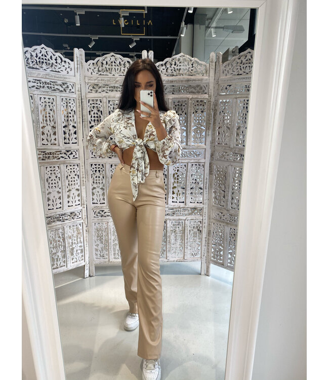 Straight Leg Leather Pants / Beige