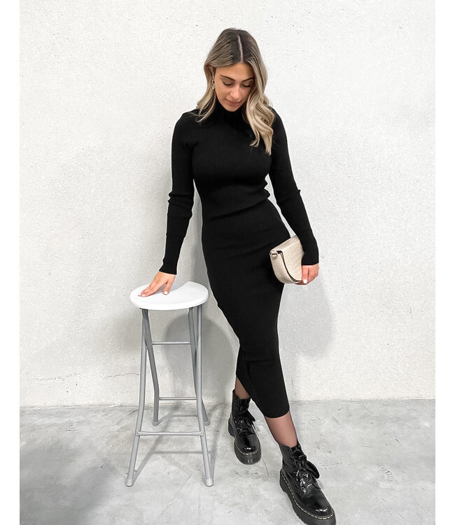 Ribbed Turtle Neck Dress / Black