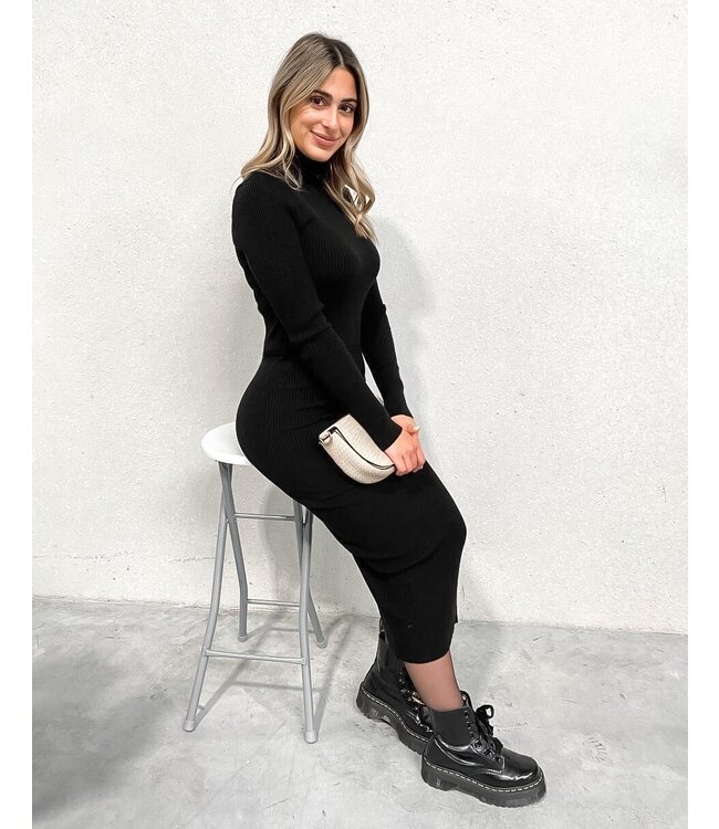 Ribbed Turtle Neck Dress / Black