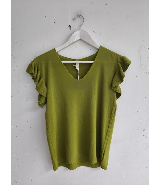 selectedbystijldepartment Top ruffle knitted viscose, Lime green