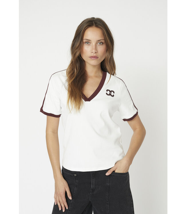 Co'Couture T-shirt stripe V-tee edgeCC, Offwhite wine red