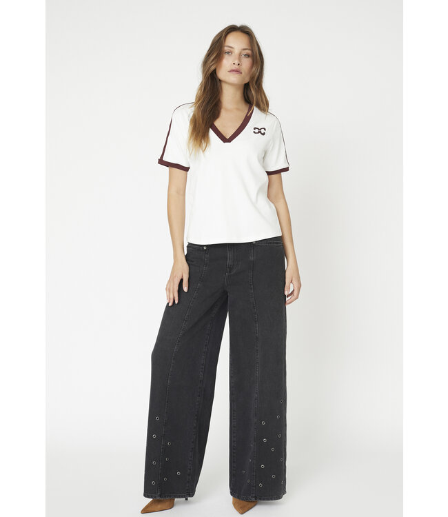 Co'Couture T-shirt stripe V-tee edgeCC, Offwhite wine red