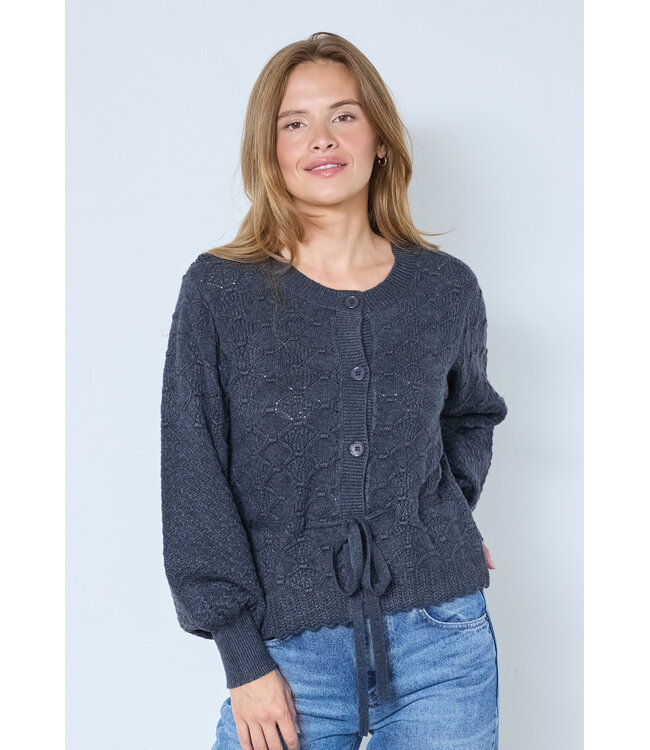 Co'Couture Cardigan Row pointelle tie, Dark grey