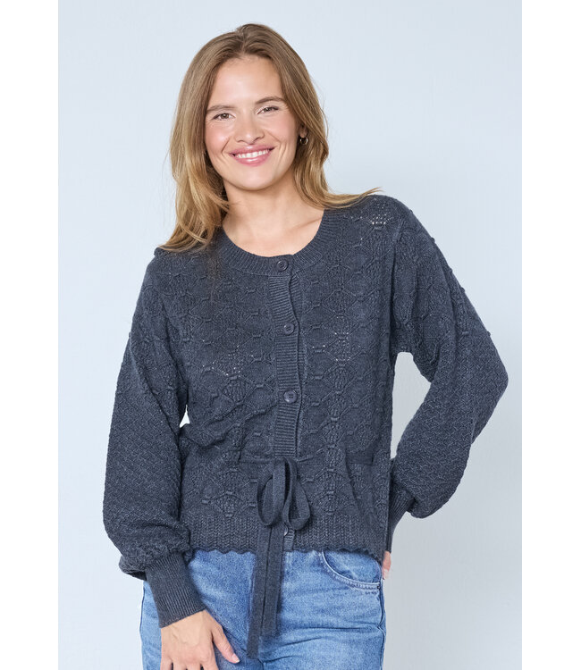 Co'Couture Cardigan Row pointelle tie, Dark grey