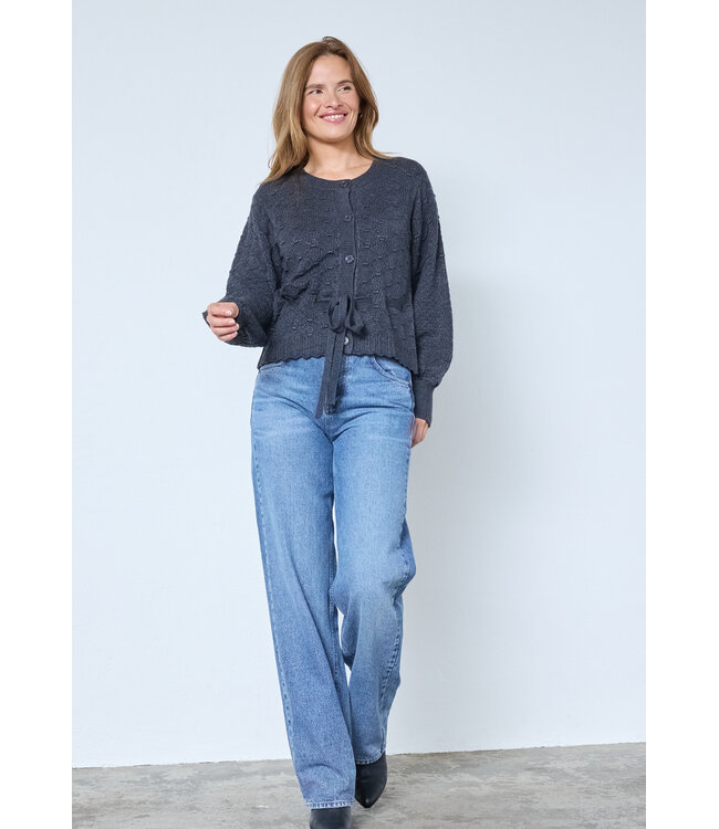 Co'Couture Cardigan Row pointelle tie, Dark grey