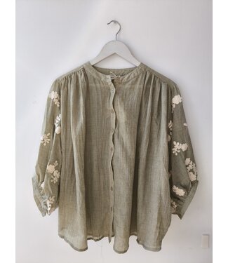 selectedbystijldepartment Blouse cotton embroidery flowers, Khaki