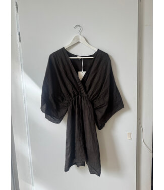 selectedbystijldepartment Dress short linnen elastic sleeve, Dark Brown