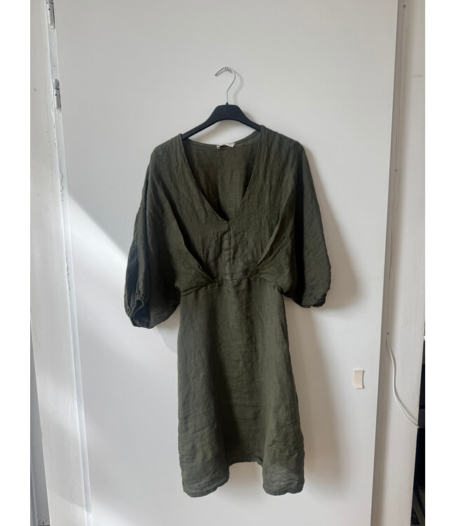 selectedbystijldepartment Dress short linnen elastic sleeve, Green