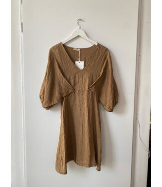 selectedbystijldepartment Dress short linnen elastic sleeve, camel