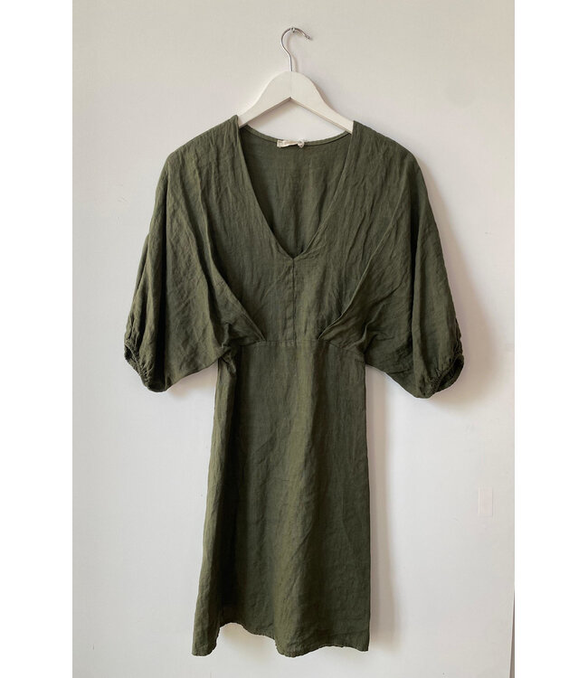 selectedbystijldepartment Dress short linnen elastic sleeve, Green