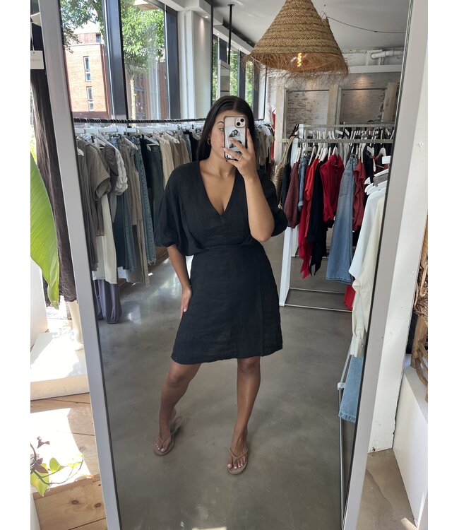 selectedbystijldepartment Dress short linnen elastic sleeve black