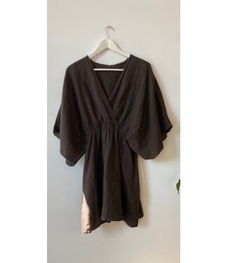 selectedbystijldepartment Dress short linnen elastic sleeve, Brown