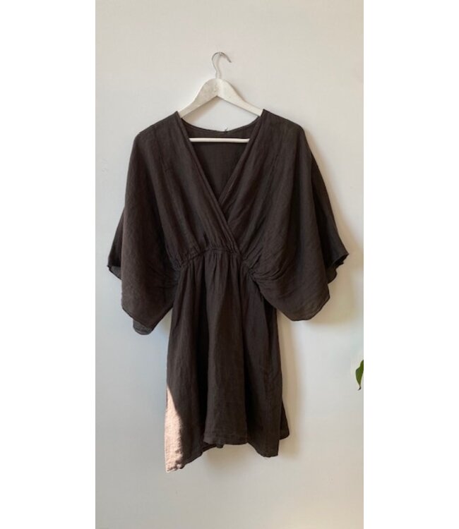 selectedbystijldepartment Dress short linnen elastic sleeve, Brown