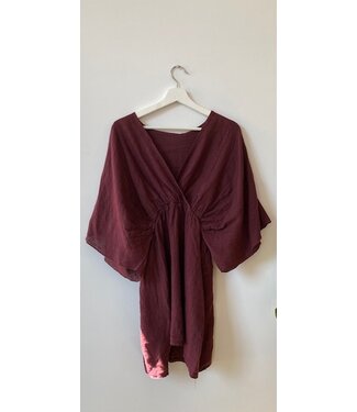 Dress short linnen elastic sleeve, Dark purple
