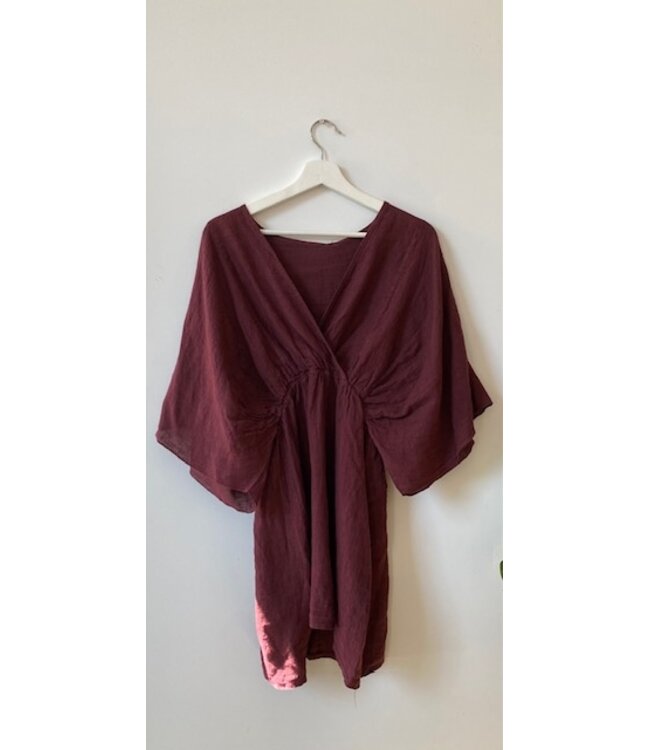 Dress short linnen elastic sleeve, Dark purple