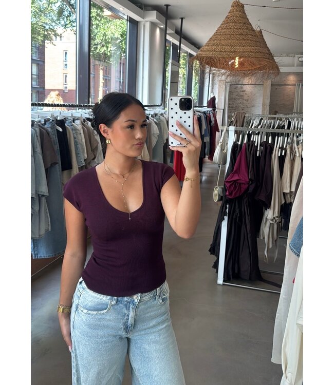 selectedbystijldepartment Top Rib V neck, Aubergine