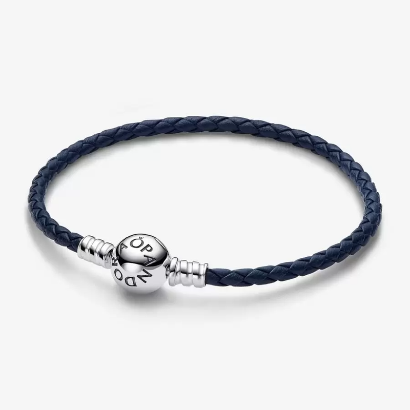 Pandora Pandora Moments Round Clasp Blue Braided Leather Bracelet 592790C01