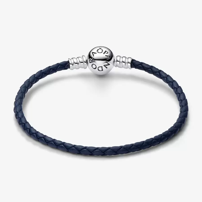 Pandora Pandora Moments Round Clasp Blue Braided Leather Bracelet 592790C01