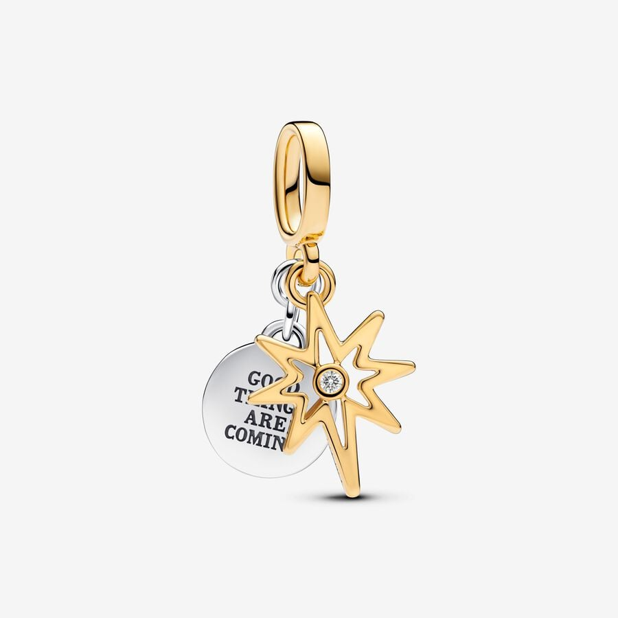 Pandora Engravable star sterling silver and 14k gold plated double dangle with 0.016 ct TW G-I VS2+ round brilliant lab-grown diamond 763588C01