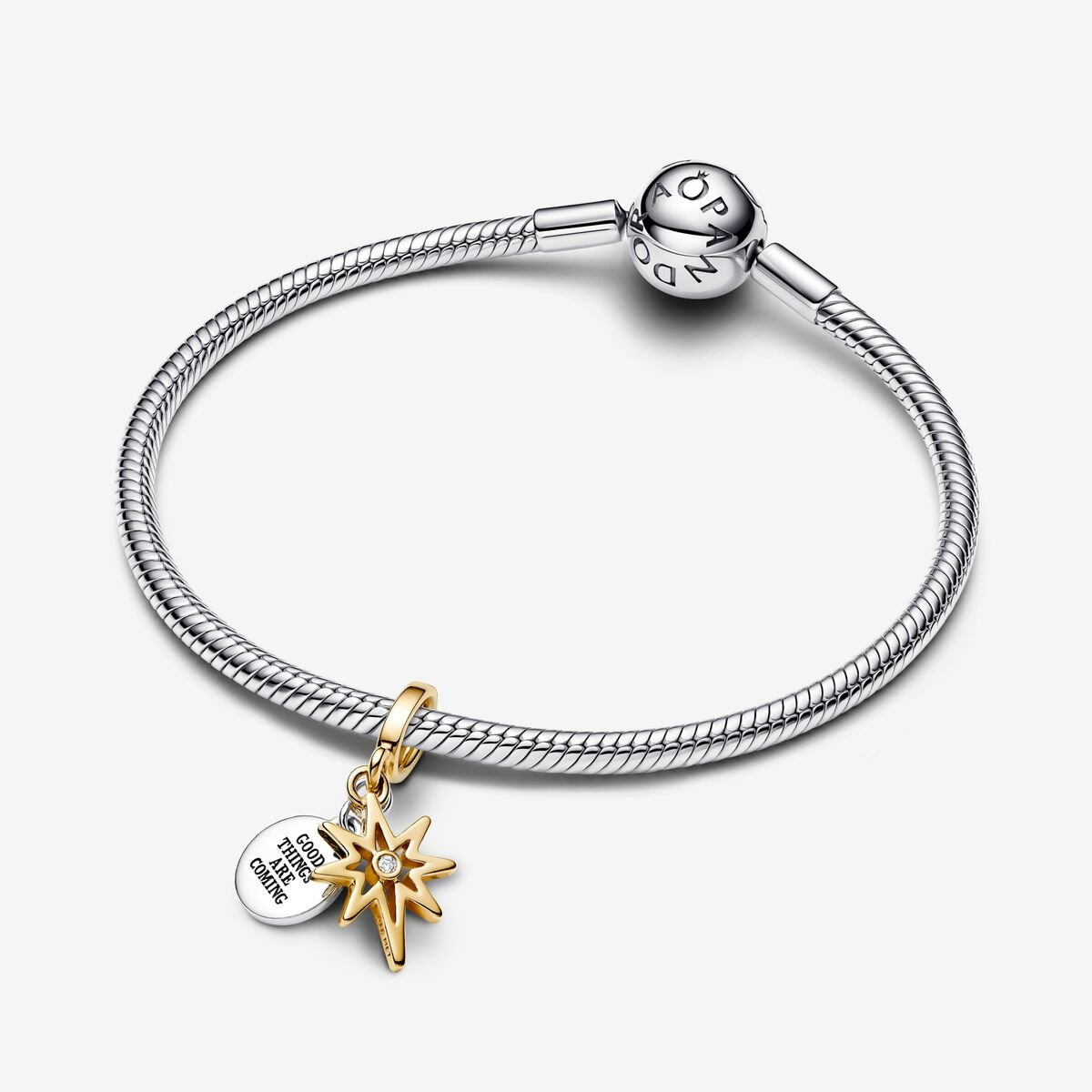 Pandora Engravable star sterling silver and 14k gold plated double dangle with 0.016 ct TW G-I VS2+ round brilliant lab-grown diamond 763588C01