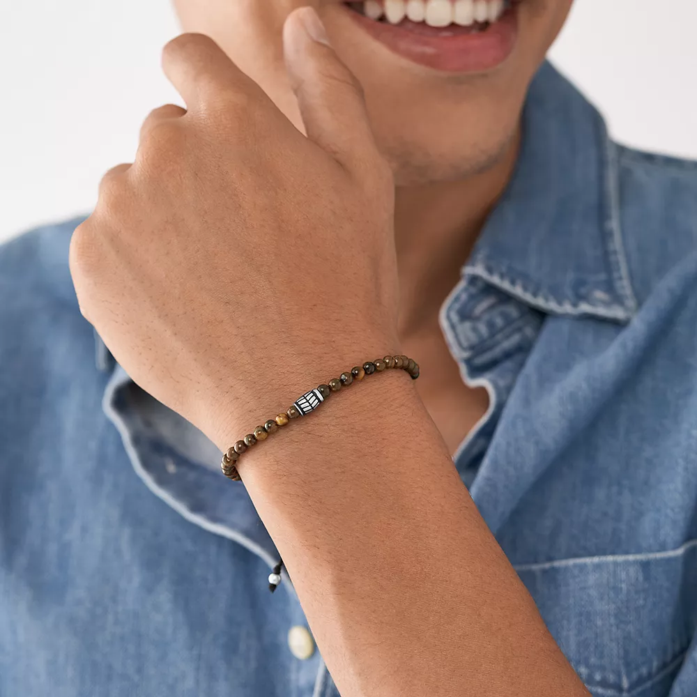 Fossil Stalen Essentials armband - Beaded (Tijgeroog Bruin) JF04413040