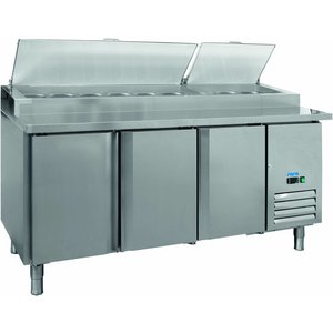 Saro Stół chłodniczy sałatkowy 3-drzwiowy 9x 1/3 GN z nadstawą, od 2 °C do 8 °C, agregat boczny Saro Stół chłodniczy sałatkowy 3-drzwiowy 9x 1/3 GN z nadstawą, od 2 °C do 8 °C, agregat boczny