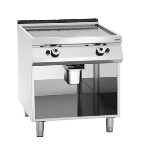 Bartscher Gazowa płyta grillowa 755 x 760 mm, gładka, 2 strefy grzewcze, 18 kW na podstawie półotwartej Bartscher Gazowa płyta grillowa 755 x 760 mm, gładka, 2 strefy grzewcze, 18 kW na podstawie półotwartej