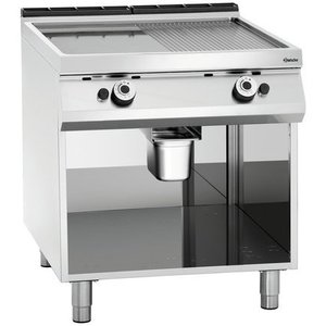 Bartscher Gazowa płyta grillowa 755 x 760 mm, gładka/ryflowana, 2 strefy grzewcze, 18 kW na podstawie półotwartej Bartscher Gazowa płyta grillowa 755 x 760 mm, gładka/ryflowana, 2 strefy grzewcze, 18 kW na podstawie półotwartej
