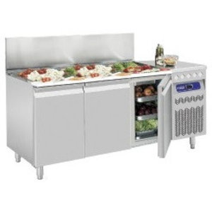 Diamond 3-doors Salad Prep Table with Polyethylene Cutting Board, 2x 1/1 GN, 2x 1/2 GN, 3x 1/9 GN, 405 L, 2 °C to 8 °C, Side-Mounted Compressor