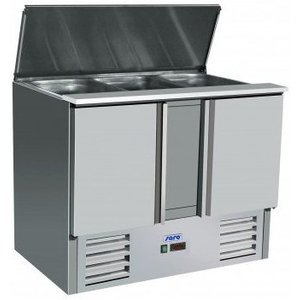 Saro 2-doors Salad Prep Table with Polyethylene Cutting Board, 3x 1/1 GN, 2°C to 8°C, Bottom-Mounted Compressor Saro 2-doors Salad Prep Table with Polyethylene Cutting Board, 3x 1/1 GN, 2°C to 8°C, Bottom-Mounted Compressor
